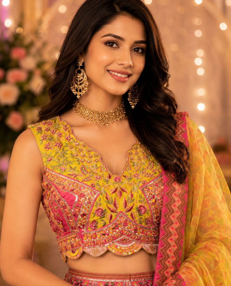 1214 - Embroidered Work Tissue Lehenga Choli In Pink and Yellow Colour